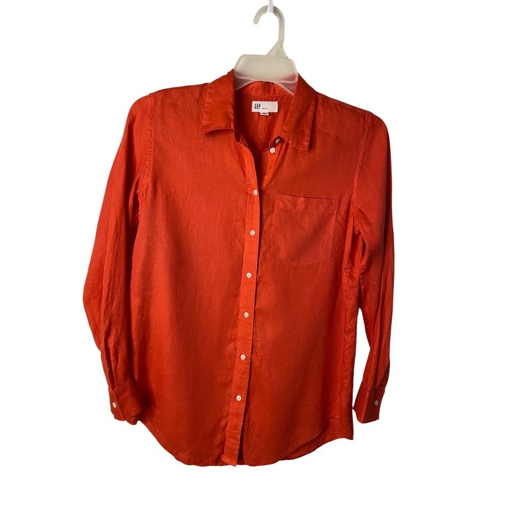 Gap Womens XS 100% Linen Long Sleeve Button Down Shirt  Orange Blouse top